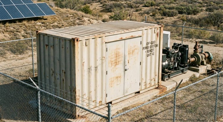 Industrial off-grid battery system in a remote facility showing LFP battery racks and inverter monitoring voltage sag during motor startup