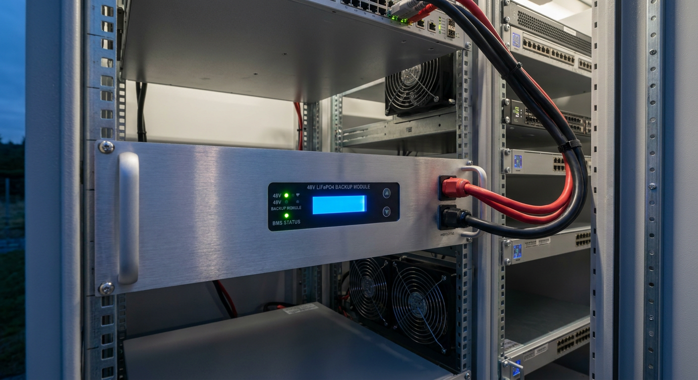 48V LiFePO4 telecom backup battery module installed in a 5G base station outdoor cabinet