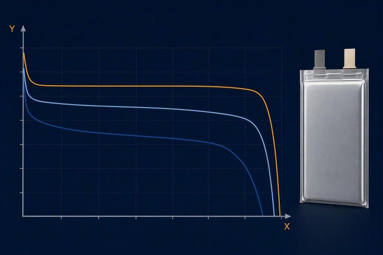 Lithium battery discharge curve chart for cell selection showing three C-rate curves with voltage plateau and voltage sag