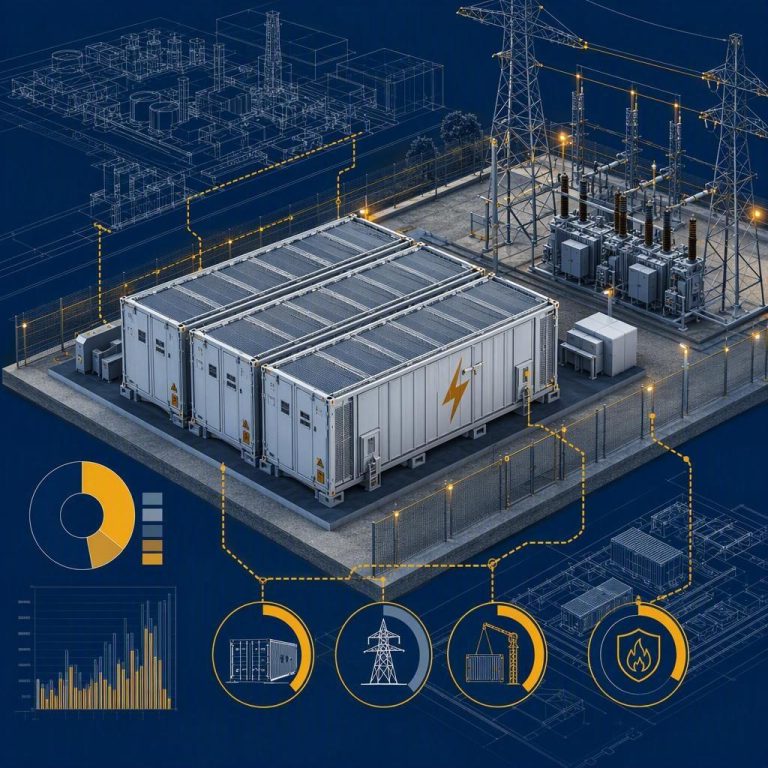 Commercial & industrial ESS total installed cost evaluation - engineering schematic of a BESS container site with grid connection
