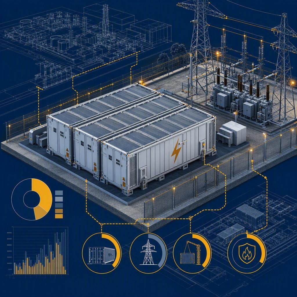 Commercial & industrial ESS total installed cost evaluation - engineering schematic of a BESS container site with grid connection