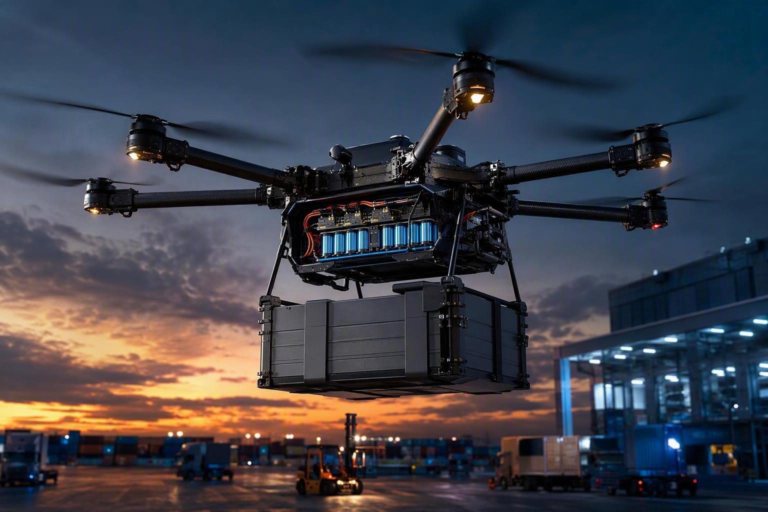 Heavy-lift cargo drone carrying a 100 kg-class payload, with a high-voltage battery pack integrated into the airframe