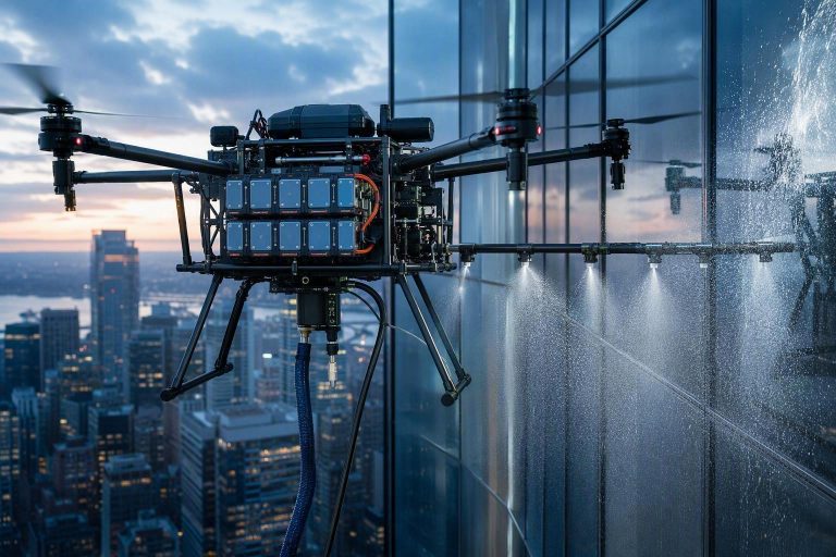 A commercial drone window cleaning system hovering against a glass high-rise facade, with an industrial lithium battery pack visible on the airframe