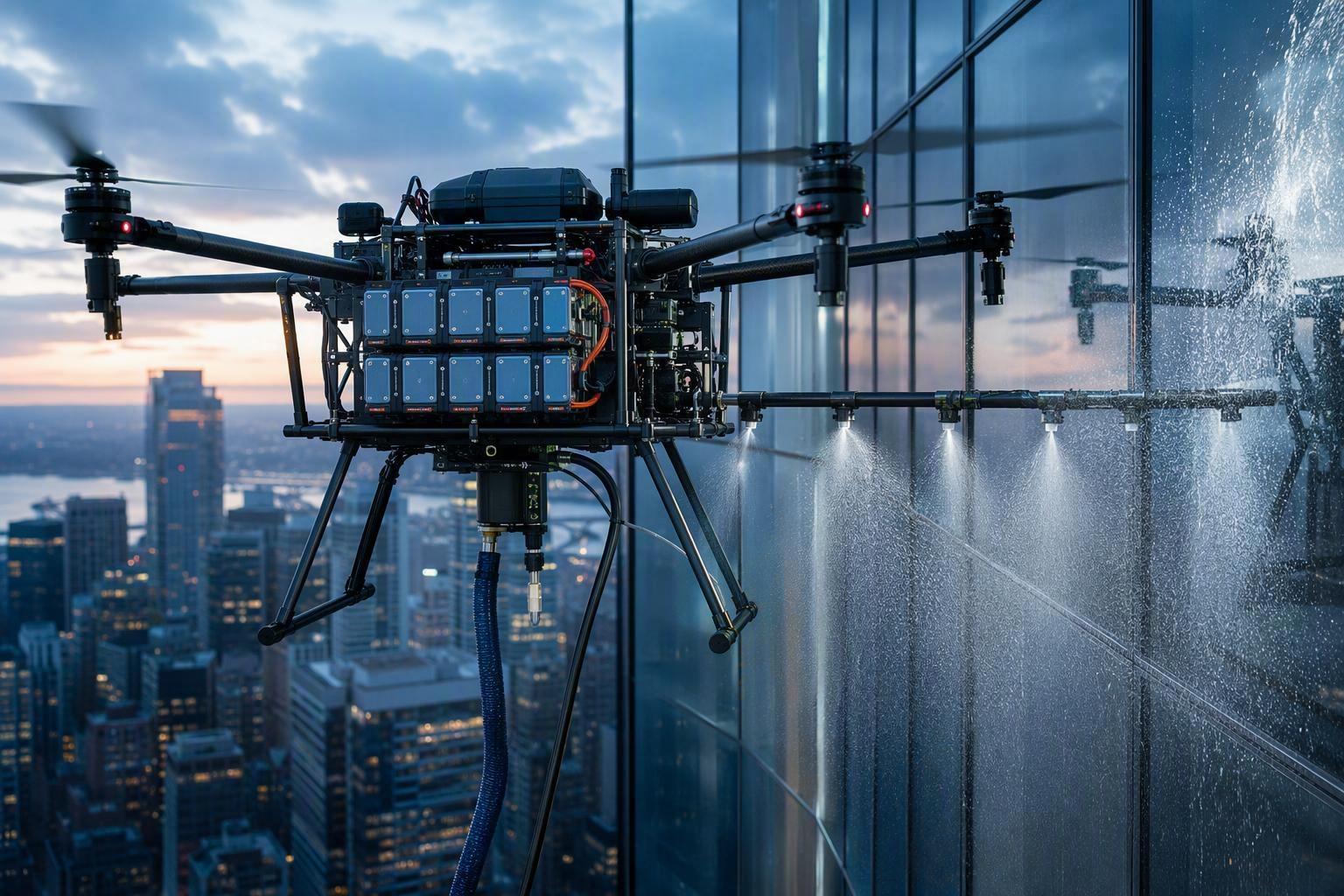 A commercial drone window cleaning system hovering against a glass high-rise facade, with an industrial lithium battery pack visible on the airframe