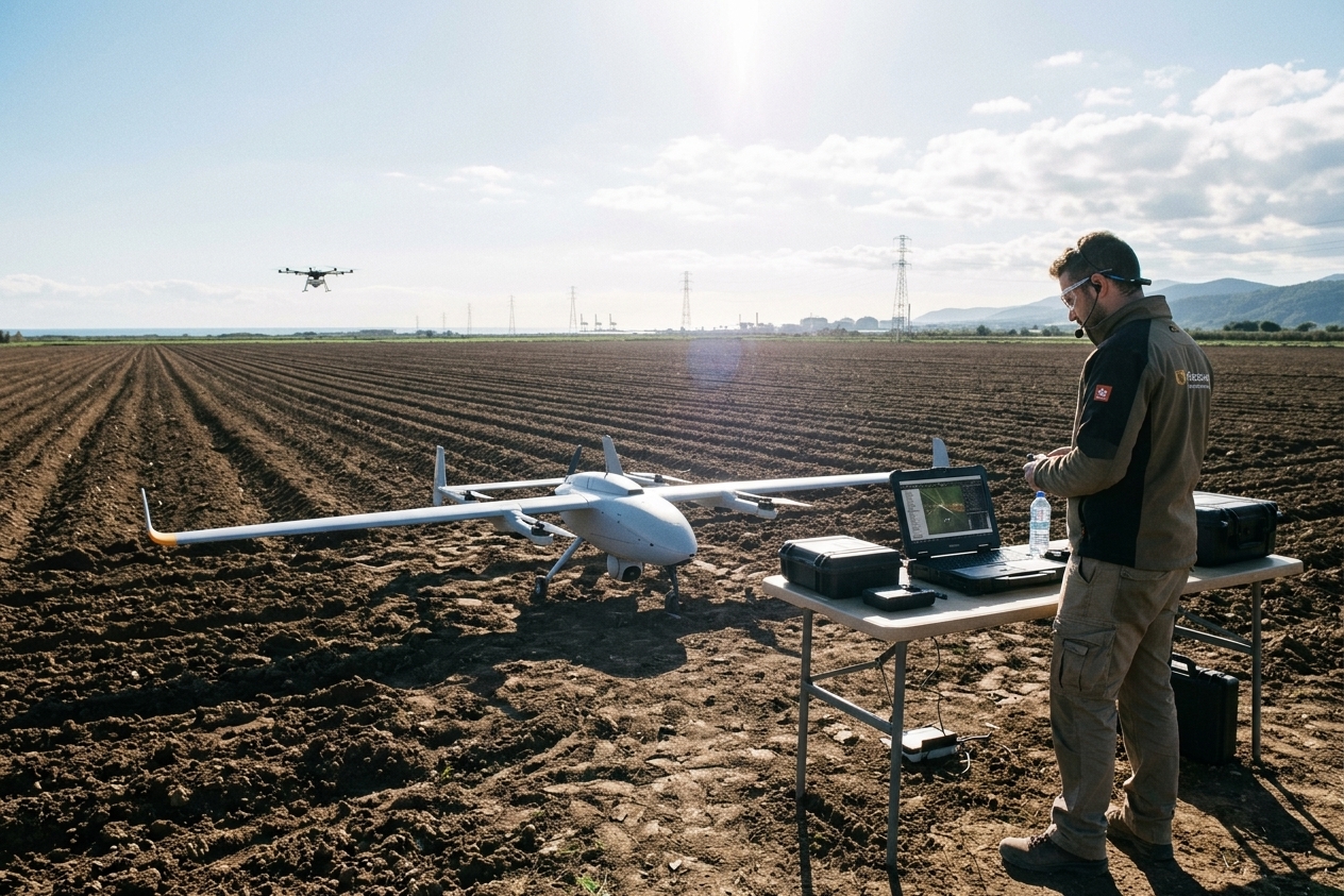 Multiple long-endurance commercial drone architectures operating in a single industrial landscape: a hybrid VTOL fixed wing in cruise, a gas-electric hybrid multirotor over a survey site, a battery-electric mapping tailsitter and a large autonomous hybrid cargo VTOL, conveying mission productivity and continuous aerial operations in 2026