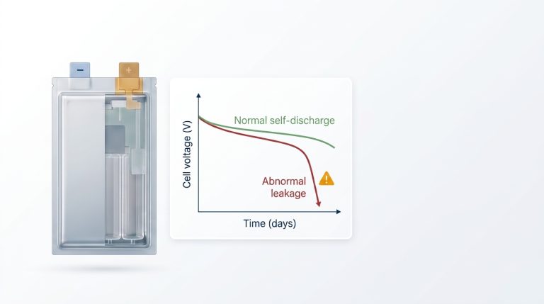 Lithium-ion battery self-discharge voltage drop diagnostic illustration comparing normal and abnormal cell behavior