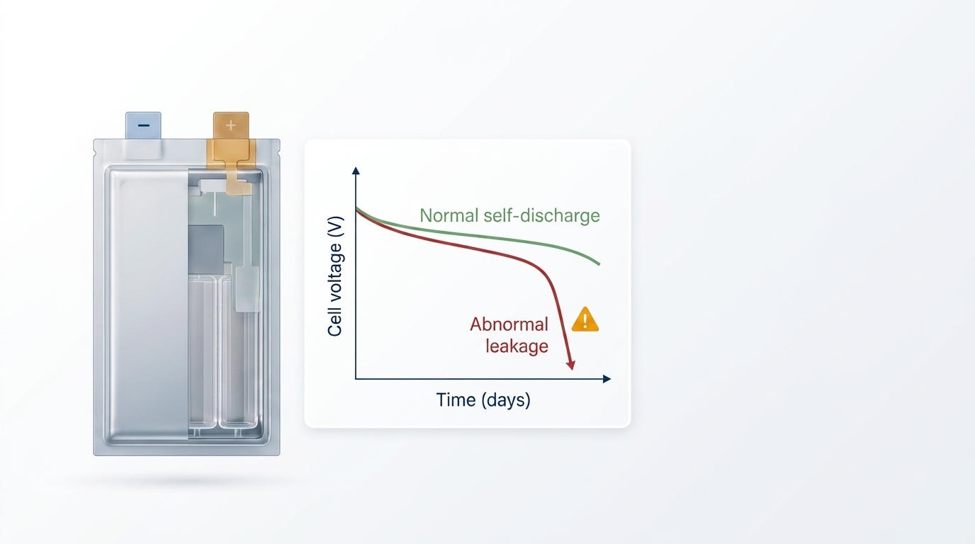 Lithium-ion battery self-discharge voltage drop diagnostic illustration comparing normal and abnormal cell behavior