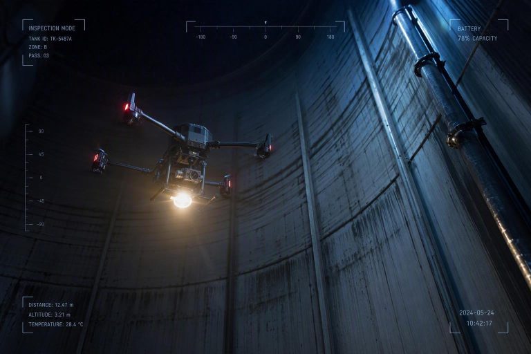 A compact inspection drone flying inside a dark steel oil-and-gas storage tank with a telemetry overlay