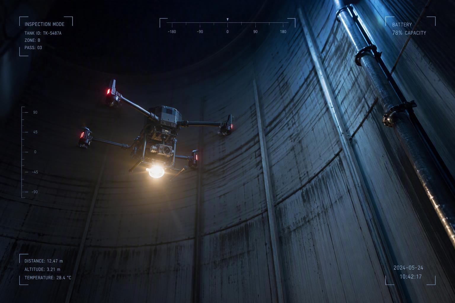A compact inspection drone flying inside a dark steel oil-and-gas storage tank with a telemetry overlay