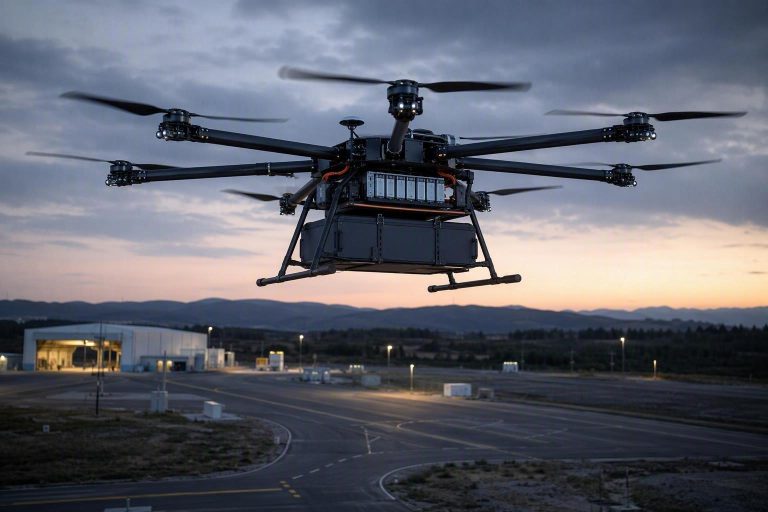 Industrial heavy-lift cargo drone with a high-energy-density lithium battery pack integrated into the airframe