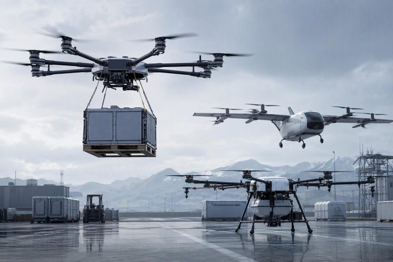 Several types of heavy-lift cargo and industrial drones operating in an aerial logistics landscape, representing the parallel commercial UAV markets emerging in 2026