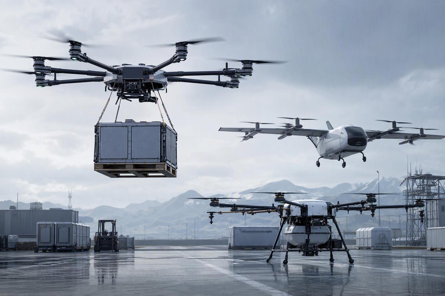 Several types of heavy-lift cargo and industrial drones operating in an aerial logistics landscape, representing the parallel commercial UAV markets emerging in 2026