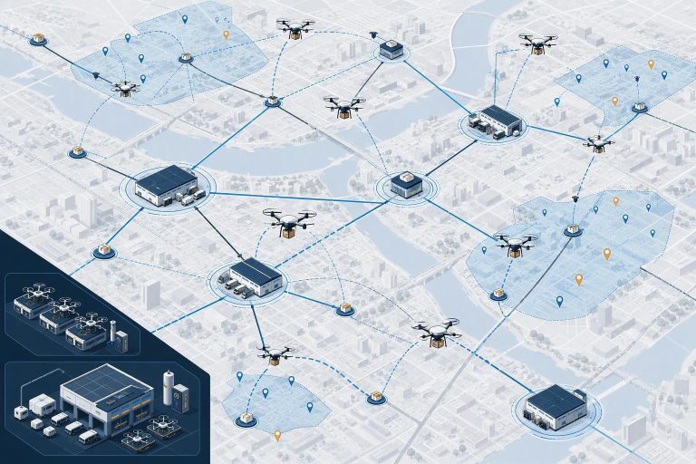 Scalable drone delivery network across distribution hubs, fulfillment centers and delivery zones