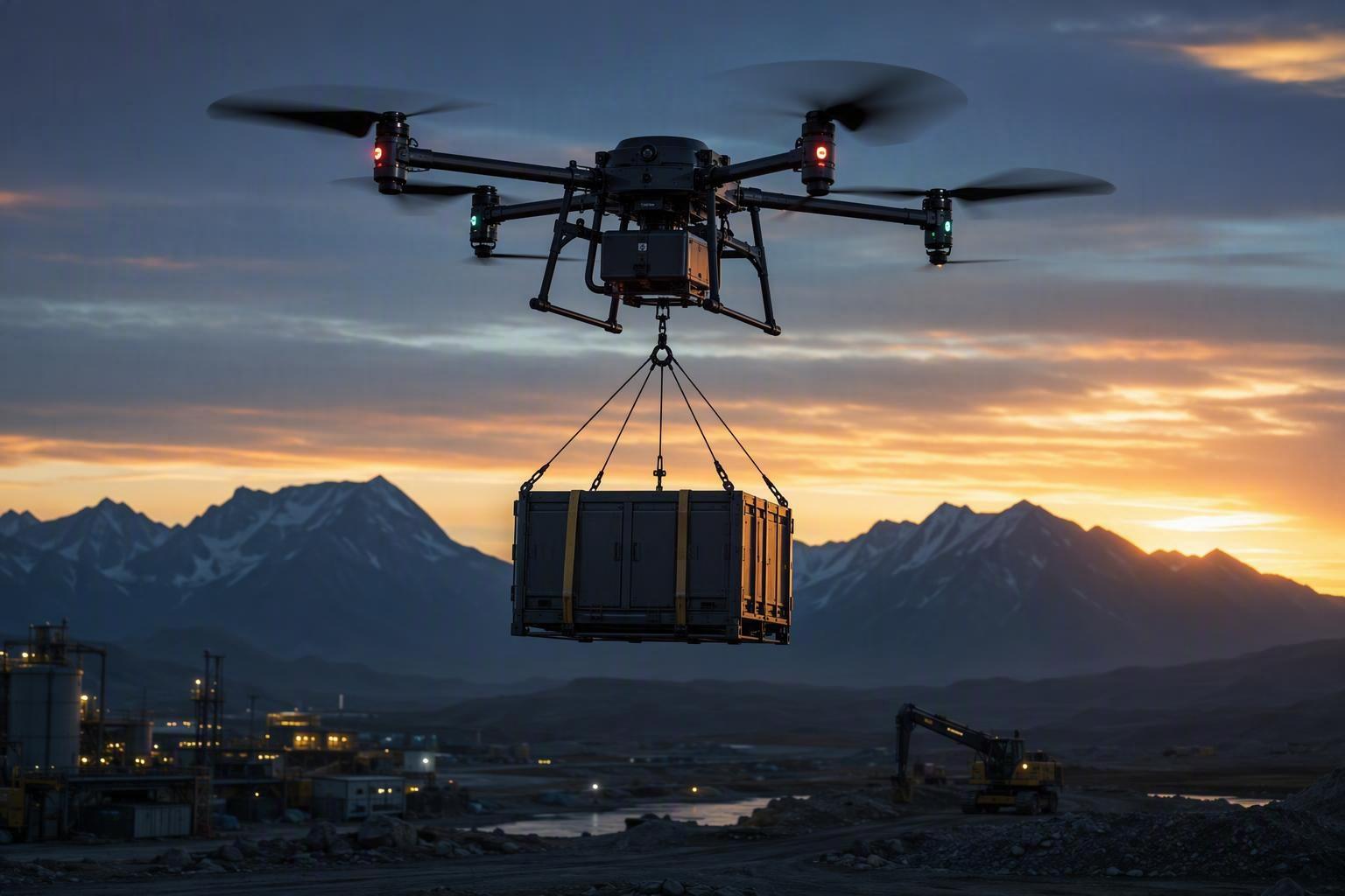 A heavy-lift industrial drone carrying cargo above a remote worksite at dusk, representing commercial scaling of aerial logistics in the U.S.