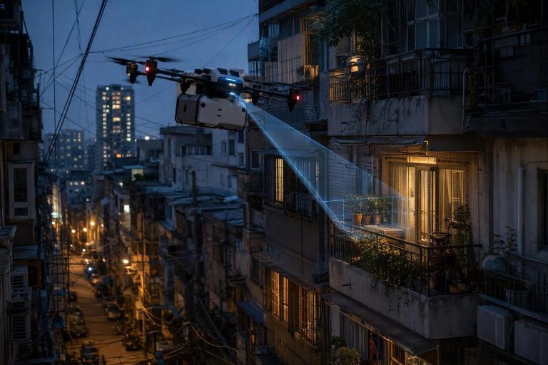 Commercial delivery drone descending toward a dense urban residential block at dusk, scanning for a safe drop zone among buildings, utility lines, and street obstacles