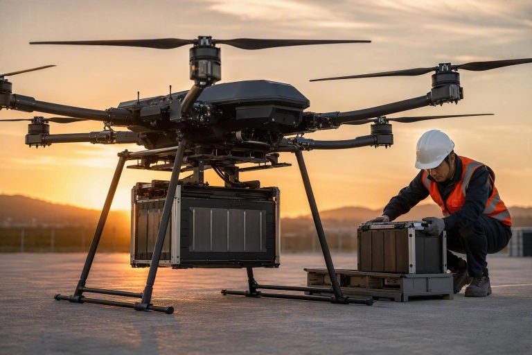 Heavy-lift cargo drone flying a logistics corridor with a lithium battery pack module in the foreground