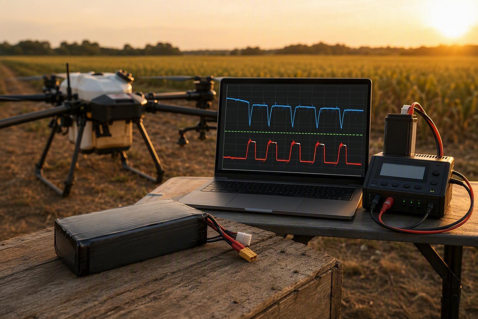 a sample validation log showing voltage sag against the aircraft current pulses at takeoff, hover, climb and landing, with the acceptance threshold ma