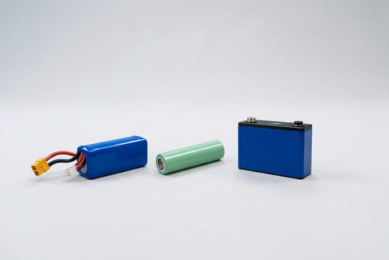 Illustration comparing LiPo, Li-ion and LiFePO4 battery options for robotics selection