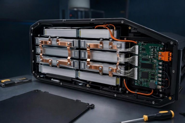 Cutaway illustration of a commercial UAV battery pack showing series-connected cell groups and a parallel pair wired to a BMS sense harness.