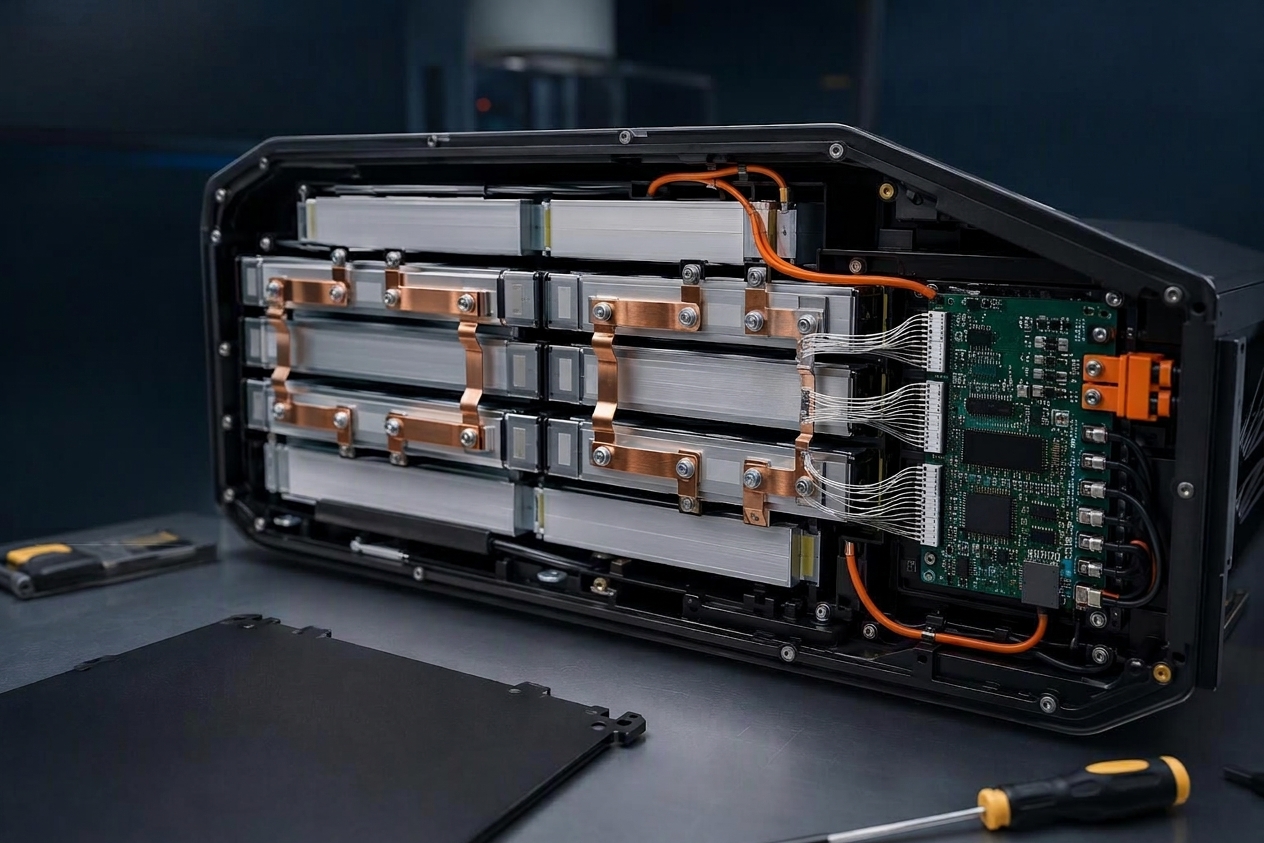Cutaway illustration of a commercial UAV battery pack showing series-connected cell groups and a parallel pair wired to a BMS sense harness.