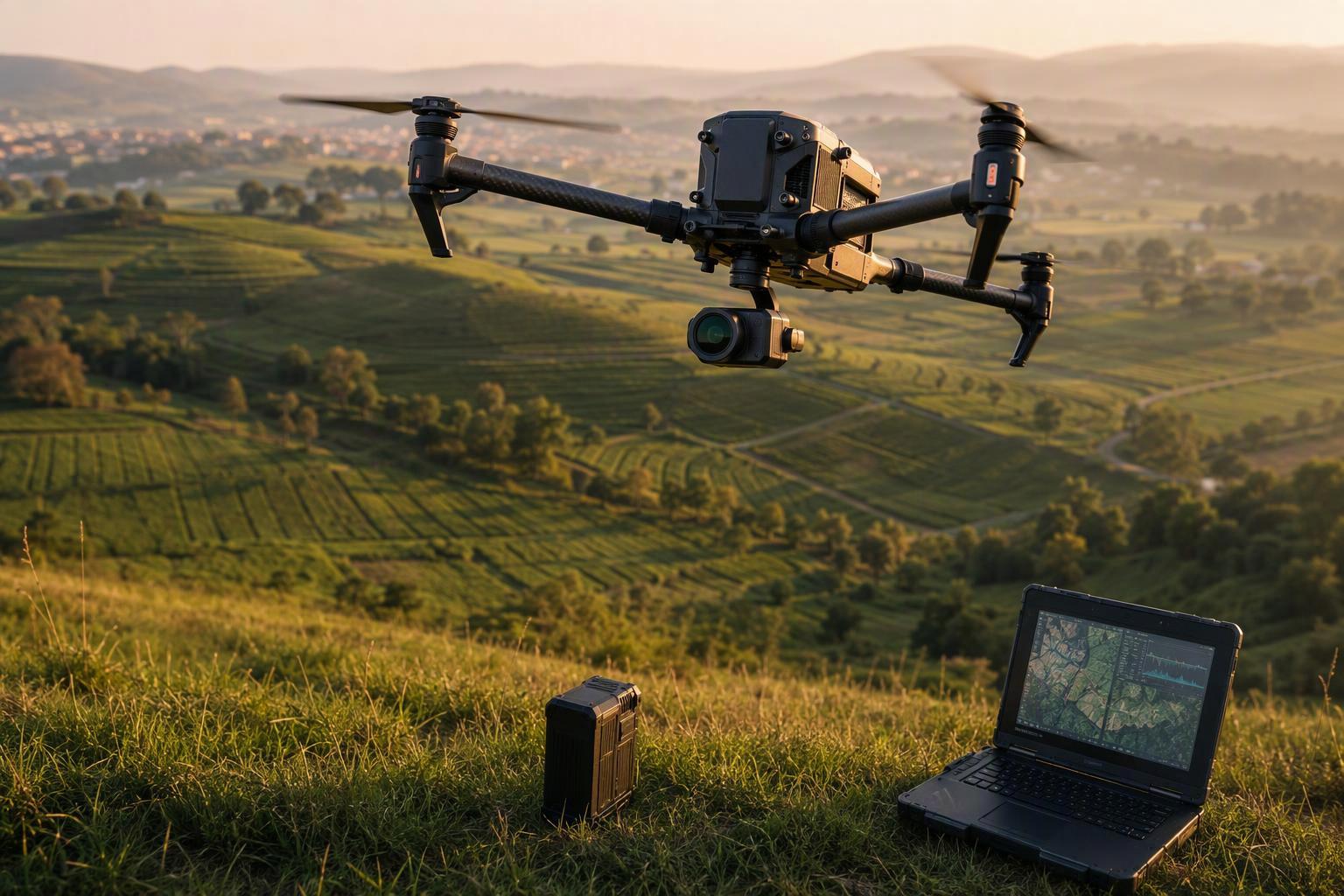 Survey drone battery pack beside a flight-planning tablet showing a mapping grid and coverage estimate