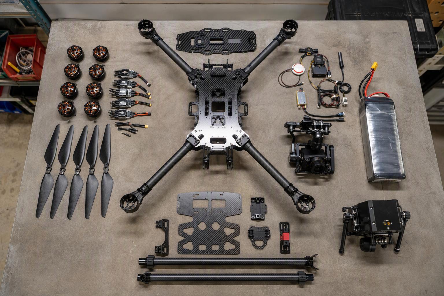 A UAV airframe laid out on a workbench with its structure, propulsion, avionics, battery and payload components physically separated