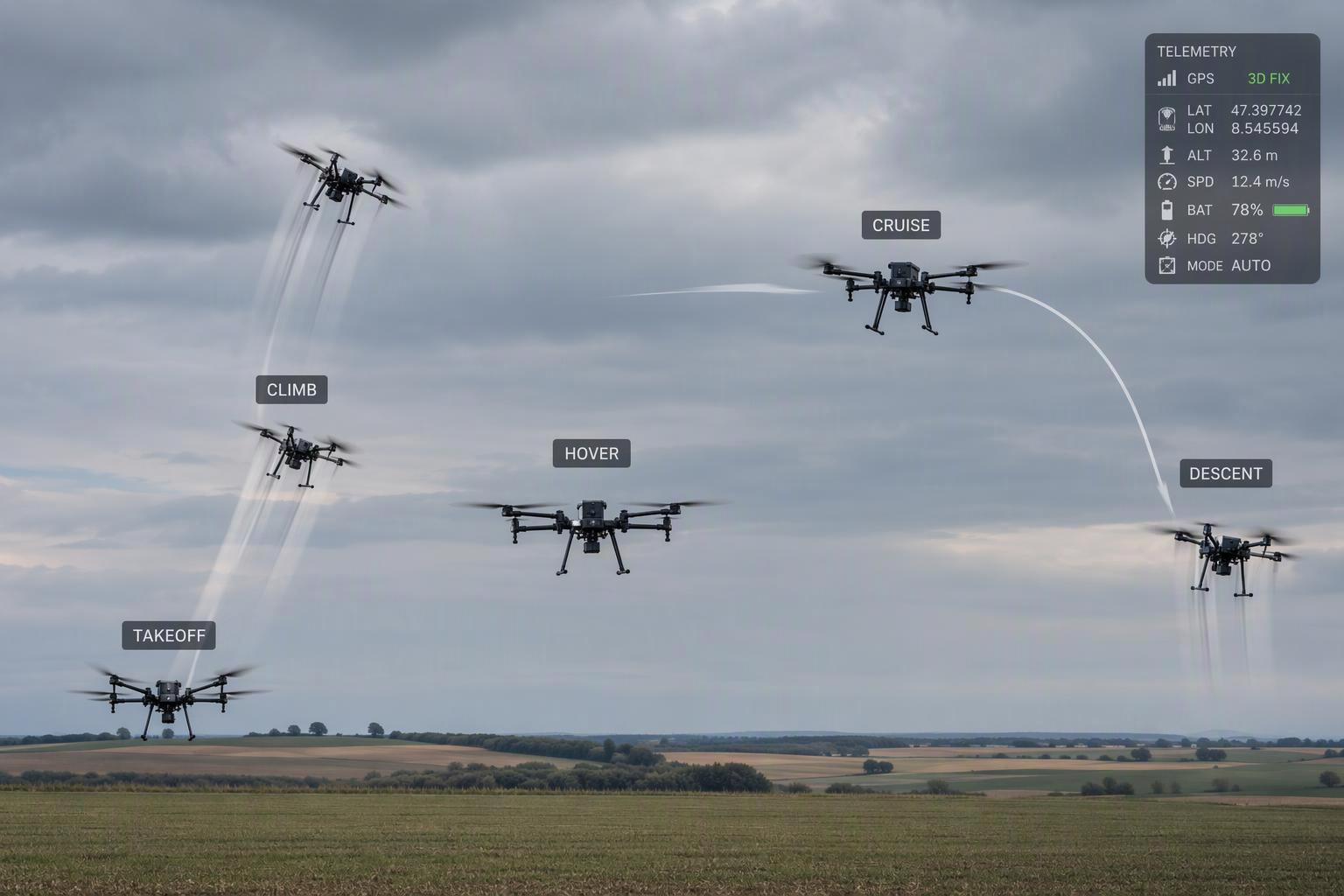 An industrial multirotor drone in flight across takeoff, climb, hover, cruise and descent phases of a mission profile