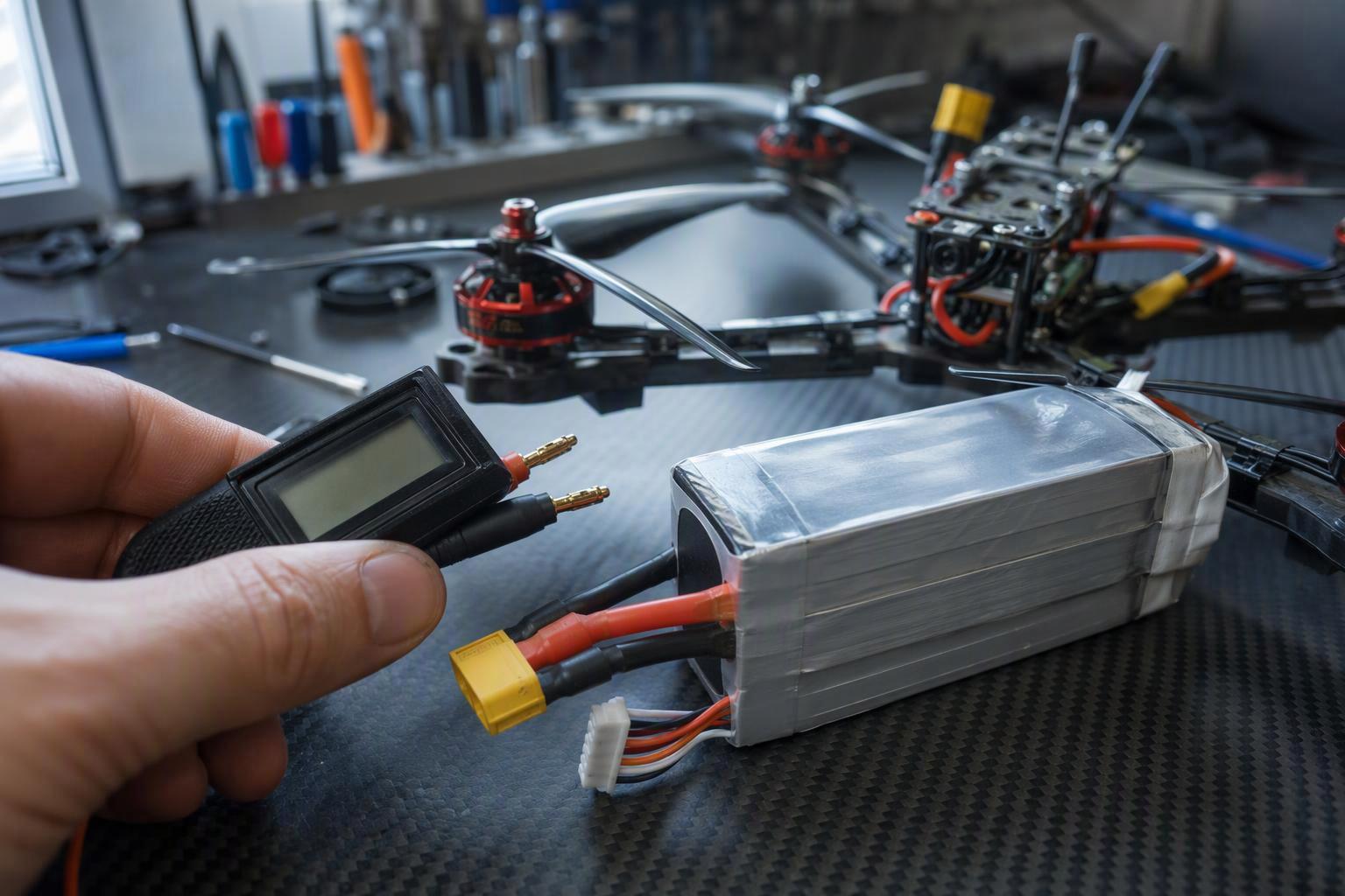Drone lithium-polymer battery pack with balance leads and power connector resting on a workbench beside a quadcopter