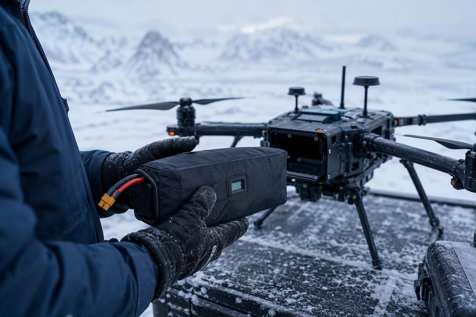 Low temperature UAV battery pack being prepared for cold weather flight operations