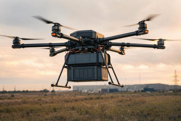 A heavy-lift industrial multirotor drone airframe with its battery pack, ESC, motor and propeller power path labelled, illustrating why higher-voltage batteries reduce current.