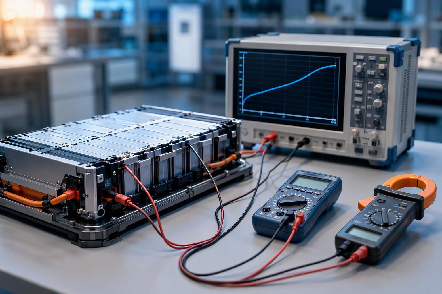 A lithium-ion battery pack on a test bench showing a flat open-circuit voltage curve beside a declining capacity-retention curve