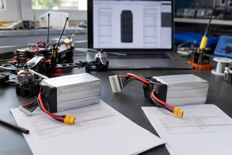 A drone battery pack with labelled callouts showing its voltage, amp-hour capacity and computed watt-hour energy ratings.