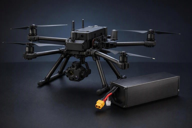 Industrial multirotor UAV battery pack on a bench beside a flight-time and mass-budget chart, illustrating why higher-capacity drone batteries do not always extend flight time.