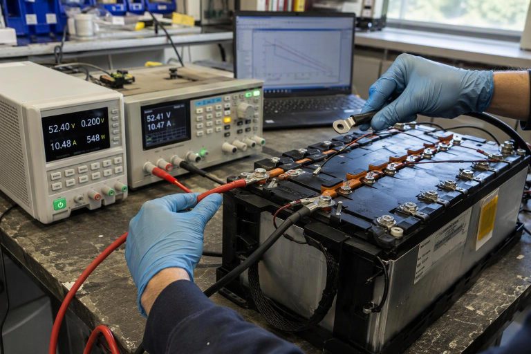 Diagram comparing voltage sag of a high-resistance and low-resistance battery cell under a 20 A load.