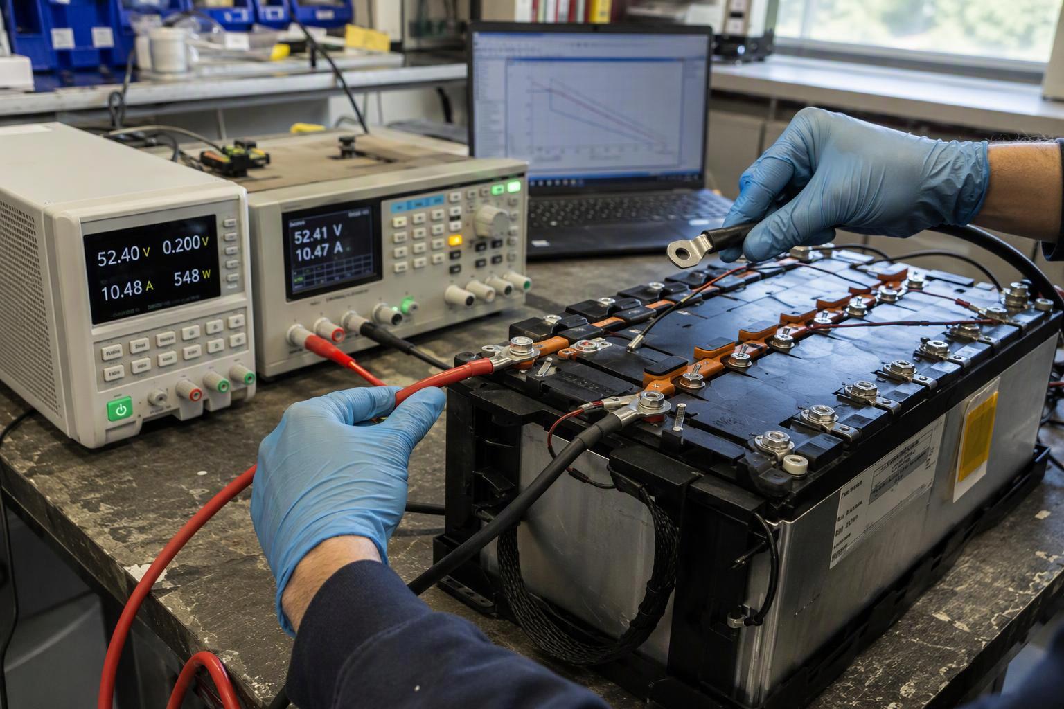 Diagram comparing voltage sag of a high-resistance and low-resistance battery cell under a 20 A load.