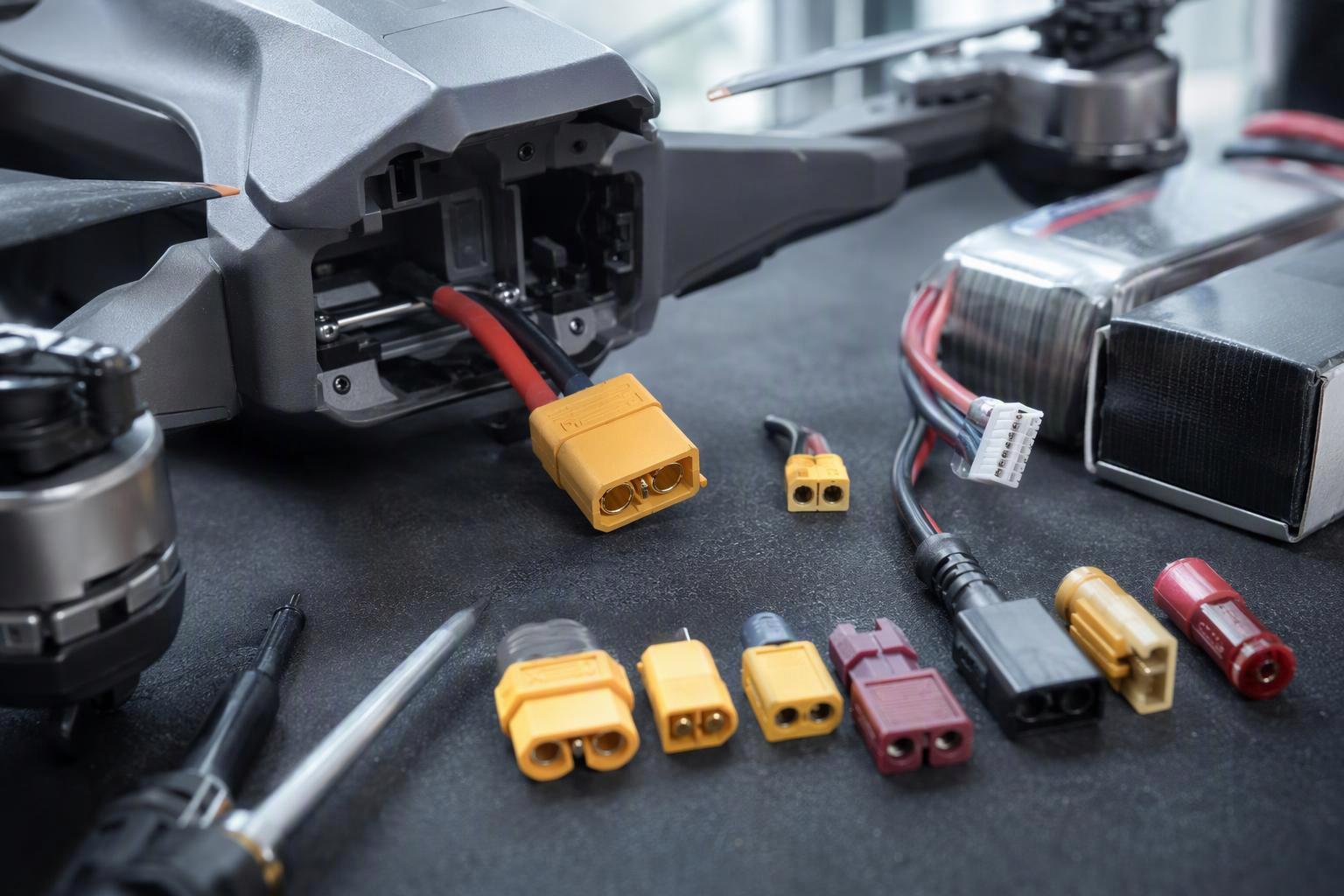 Close-up of XT, EC, Anderson Powerpole and industrial locking battery connectors laid out beside UAV and industrial lithium battery packs